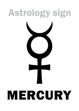 Astrology Alphabet: MERCURY (Caduceus), classic minor mental planet. Hieroglyphics character sign (single symbol).