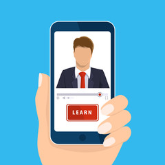 Online learning. Hand holding mobile isolated on blue. Vector vertical smart phone screen. E-learning, webinar, presentation concept. Teacher businessman, learn button. Flat design for web site, app