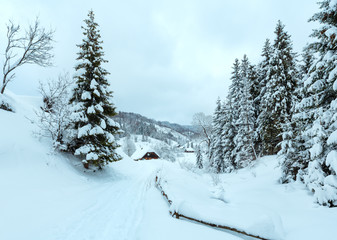 Winter Ukrainian Carpathian village.