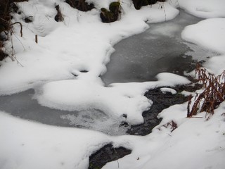 frozen creek covered with ice in winter