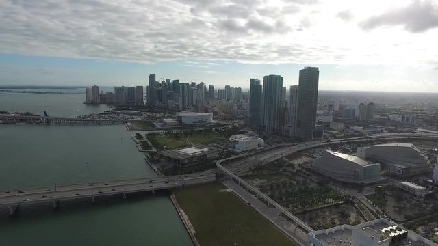 Drone View Miami Downtown Biscayne Bay Rigth to Left