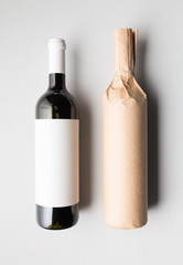Top view of two wine bottles