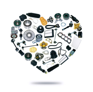 Heart spare auto parts for car on white background. Set with many isolated items for shop or aftermarket, OEM