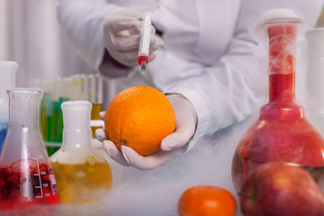 GMO experiment scientist injecting liquid into orange in agricul