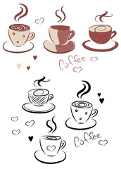 Cute cups of coffee, hearts and hand drawn text on white background for your design. Vector elements.