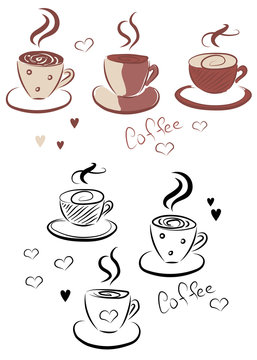 Cute cups of coffee, hearts and hand drawn text on white background for your design. Vector elements.