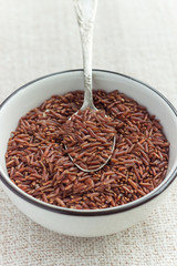 Raw red wild rice in ceramic bowl. Cereal for rice cereal