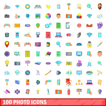 100 photo icons set, cartoon style