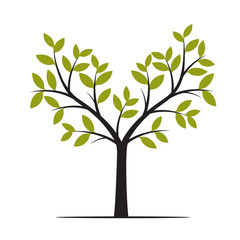Black Tree with Green Leafs. Vector Illustration.