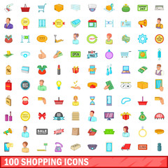 100 shopping icons set, cartoon style