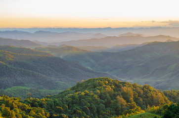 Fototapeta premium Beautiful mountain view, layer of mountain with sunset, view point at Khun Yuam Mae hong son Thialand