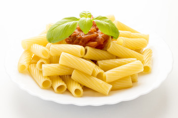 dish with macaroni and tomato sauce,isolated on white background