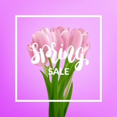Spring sale. Tulips bouquet and spring calligraphy