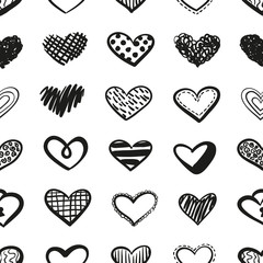 Vector love seamless pattern made of doodle hand drawn hearts. Pattern for design greeting cards on St Valentine's Day.