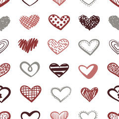 Vector love seamless pattern made of doodle hand drawn hearts. Pattern for design greeting cards on St Valentine's Day.
