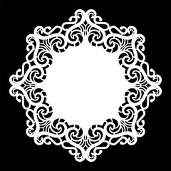 Lace round paper doily, lacy snowflake, greeting element,  template for cutting  plotter, round pattern, laser cut  template, doily to decorate the cake,  vector illustrations.