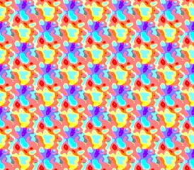 Abstract seamless background of green and blue, red and pink and yellow and gray spots, lines and rows of holes arranged around the drawing