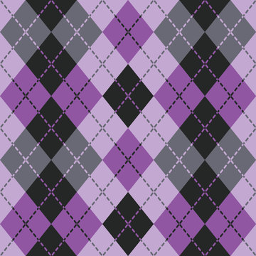 Dashed Argyle pattern in purple and black repeats seamlessly.