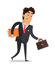 Tired Man with Book and Suitcase Going Home Isolated