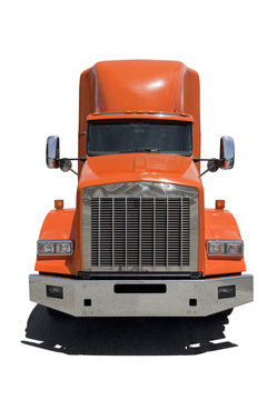 Isolated front view of orange semi cab with white trailer.