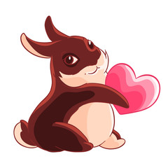 Valentine's day. Chocolate Bunny holding a heart in his paws. Vector illustration