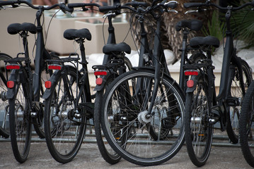 Fototapeta na wymiar Bicycles on the street. Bike rental service.