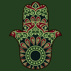 Drawing of a hamsa in blue, green and red colors, with floral ethnic round ornament on a turquoise background