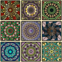 Colorful floral seamless pattern from squares with mandala in patchwork boho chic style, in portuguese and moroccan motif