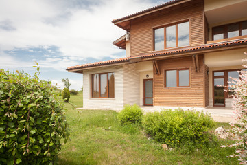 View of the back yard of suburban house. Perfect neighborhood