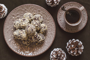 Chocolate truffles with blue cheese in nuts