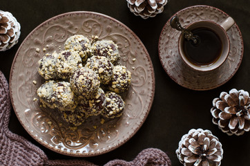 Chocolate truffles with blue cheese in nuts