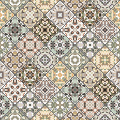 Orange and green abstract patterns in the mosaic set. Square scraps in oriental style. Vector illustration. Ideal for printing on fabric or paper.