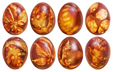 Collection of Eight Easter Eggs Red Dyed and Decorated with Leaves Imprints Isolated on White Background