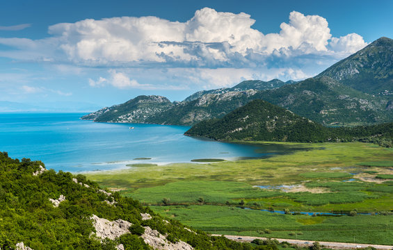 A beautiful scenery Skadar (Skoder) lake in mountains. Amazing c