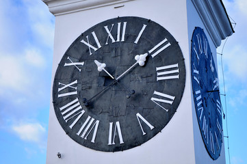 View over the beautiful winter day in the tower with a clock at Petrovaradin fortress near Novi...