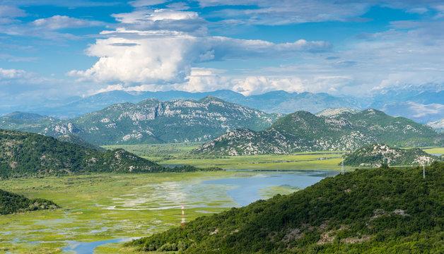 Beautiful view Skadar (Skoder) lake among the mountains. This se