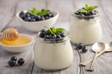 Natural homemade yogurt with blueberry and mint, selective focus