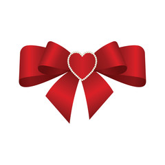 Red  bow decorated with  heart isolated on white background.  Vector image.