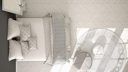 Classic bedroom, minimalistic scandinavian interior design, top