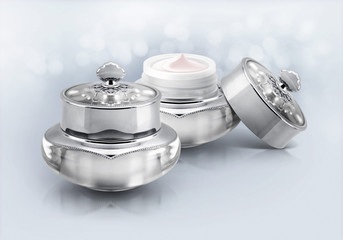 Silver deluxe cosmetic jar on glitter background