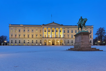 Royal Palace and equestrian statue of Karl XIV Johan in Oslo in dusk, Norway