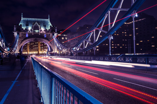 Tower Bridge traffic light trails in London at night