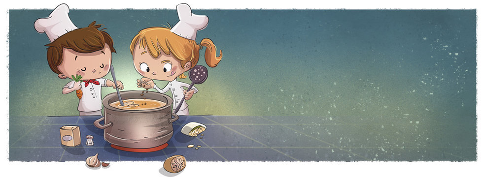 Ni&ntilde;os coconando con fondo. Amigos en la cocina