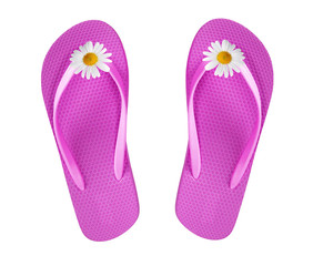 pink beach shoes with chamomiles isolated on white