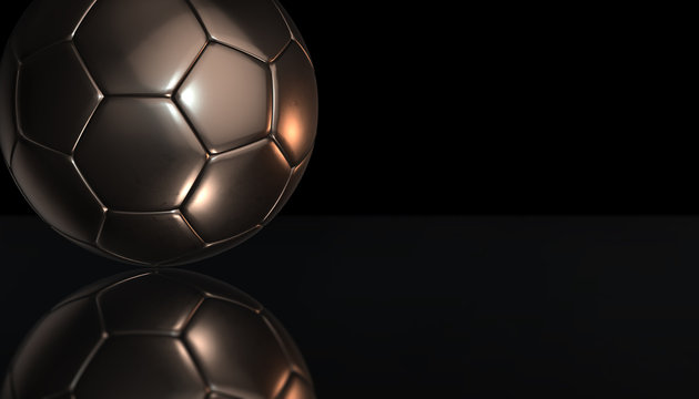 Gold soccer ball on reflection with black background, 3d rendering