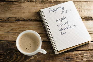 Coffee and diary. Notepads. A note. Shopping list.