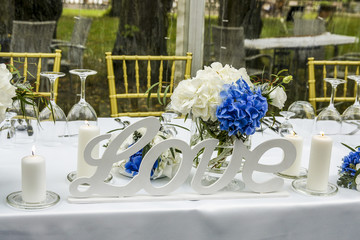 Wedding table with blue and white decorations