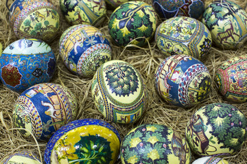 Traditional Arabic folk paintings on ostrich eggs on the eastern market