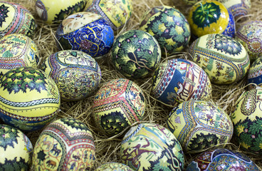 Traditional Arabic folk paintings on ostrich eggs on the eastern market