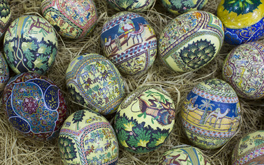 Traditional Arabic folk paintings on ostrich eggs on the eastern market